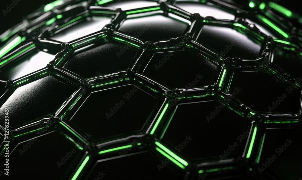 Aufkleber close-up view of a futuristic hexagonal structure with glowing green accents on a dark background