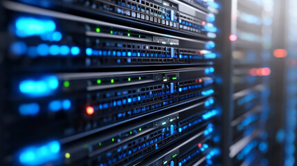 High tech computer server with glowing lights and data storage