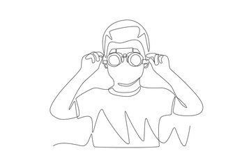Boy wearing glasses to test minus. Visiting eye doctors concept one-line drawing