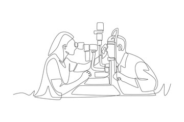 Female doctor examining male patient's eyes. Visiting eye doctors concept one-line drawing