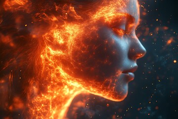 Obraz premium Womans Face with Fiery Flames and Starry Blue Space Background