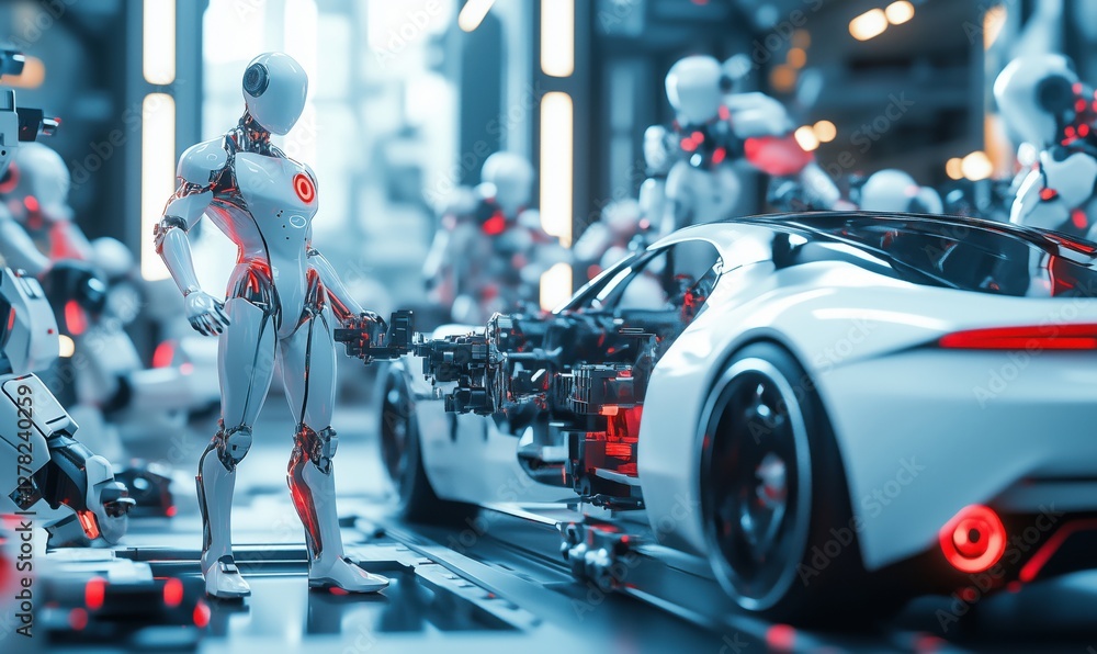 Poster futuristic robots working on high-tech car in advanced automotive workshop