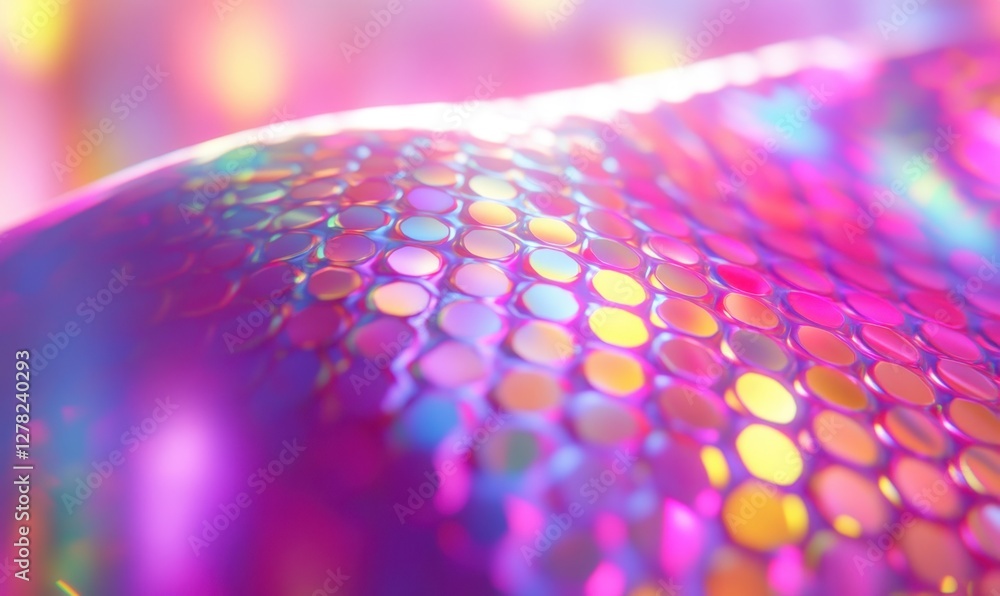 Poster close-up view of colorful, iridescent surface with circular patterns reflecting light in vibrant hue
