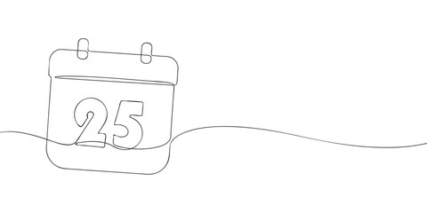 Simple one-line drawing of a desk calendar displaying twenty fifth day of the month. The minimalistic design represents new beginnings, celebrations, and planning. Vector illustration.