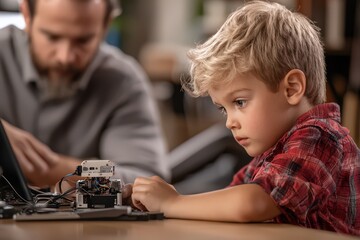 A young learner in deep concentration, programming a small autonomous robot.