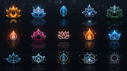 Neon lotus flower icons set.