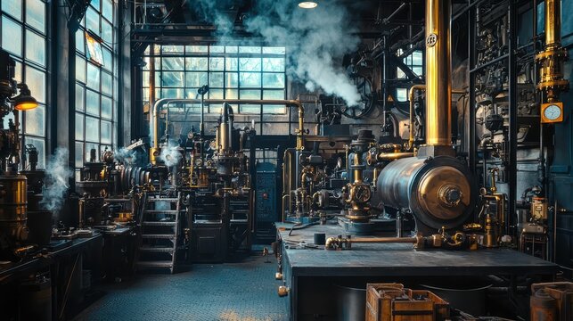 Vintage Industrial Workshop with Pipes, Steam, and Machinery