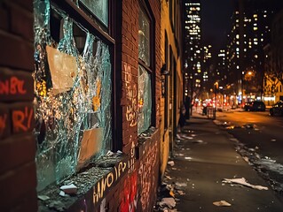 Naklejka premium Broken Window Night City Vandalism