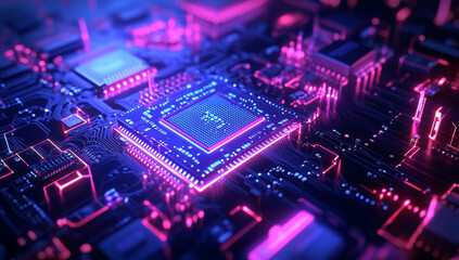 Neon glowing circuit board with vibrant colors and technology