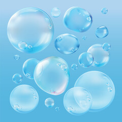 Floating blue bubbles on a light blue background. Bubbles of various sizes, blue bubbles, light blue, floating bubbles, blue bubbles, transparent spheres. Soap bubble element vector set.
