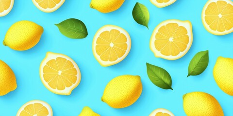 Fresh lemons and lemon slices on vibrant blue background with green leaves