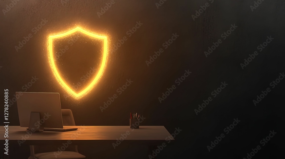 Poster glowing cybersecurity shield protecting desk setup in modern office environment with futuristic view