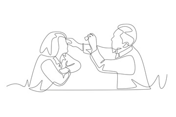 The doctor shines a light into the eyes of the patient being examined. Visiting eye doctors concept one-line drawing