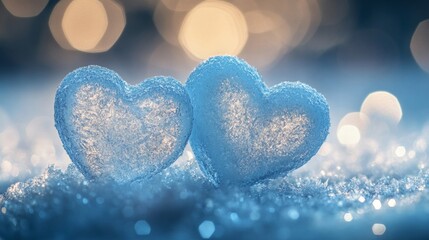 Two Sparkling Blue Hearts on Glittering Snow