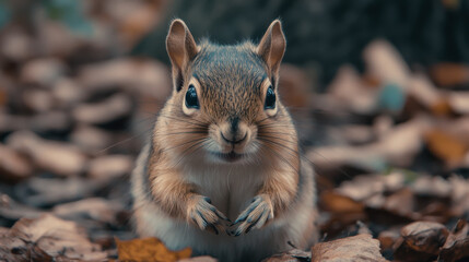 Obraz premium Cute squirrel foraging in the forest during autumn surrounded by colorful fallen leaves