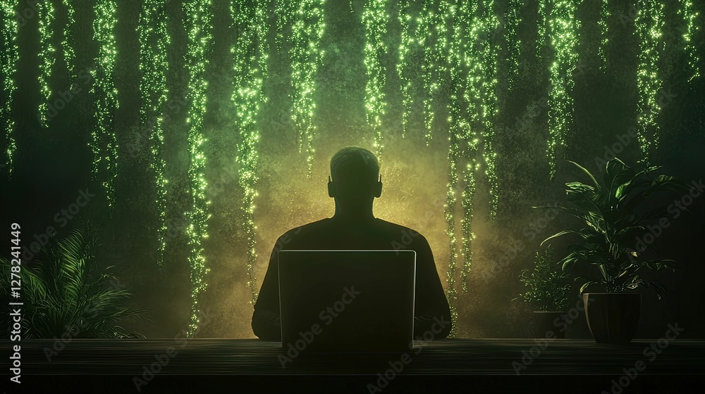 Poster glowing virtual network surrounding a serene workspace digital office visual tranquil environment ba