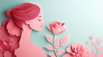 Paper cut of a woman with a flower, set against a floral background, ideal for Women's Day promotions with space for text.