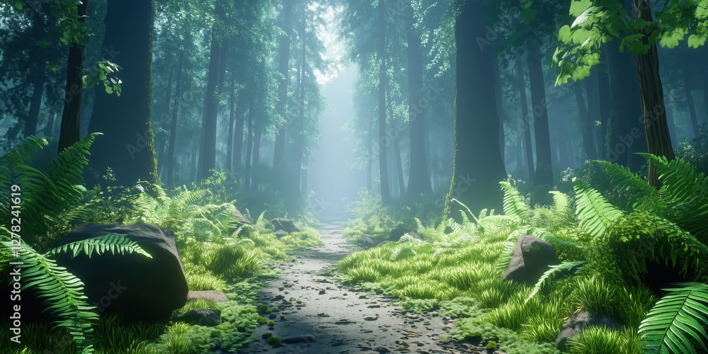 Poster serene forest pathway illuminated by soft light through lush greenery and ferns