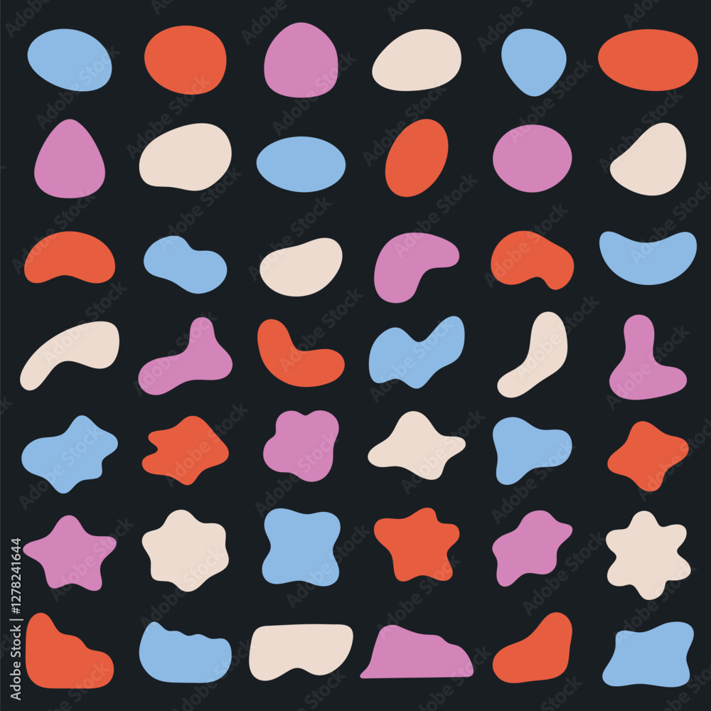 Poster colorful abstract shapes in red, blue, and beige on a dark background. abstract shapes repeat in a p