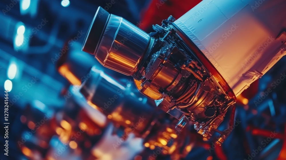 Poster close-up view of advanced rocket engines in a high-tech workshop with vibrant lighting