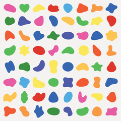 Colorful abstract shapes pattern with vibrant, irregular forms. Abstract shapes in red, blue, green, yellow. Playful, colorful design with abstract shapes. Colorful shapes, vector element set.