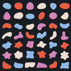 Colorful abstract shapes in red, blue, and beige on a dark background. Abstract shapes repeat in a playful pattern. Vibrant abstract shapes for design. Pastel shapes, vector element set.