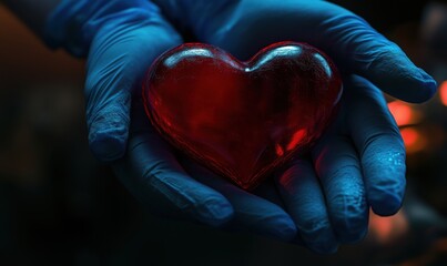 Red heart-shaped gel in gloved hands symbolizing care and compassion