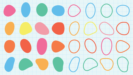 Colorful abstract shapes on a grid background. Vibrant shapes in blue, red, yellow, and green. Abstract shapes arranged in a playful, colorful pattern. Colorful shapes, vector element set.