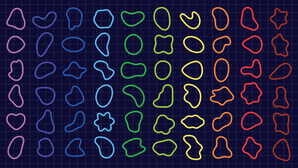 Colorful abstract shapes in rows on a grid background. Shapes vary in color and form. Abstract shapes create a vibrant pattern. Grid highlights abstract design. Colorful shapes, vector element set.