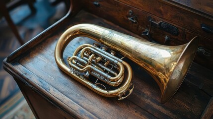 Naklejka premium Vintage brass tuba resting on a wooden surface in soft lighting