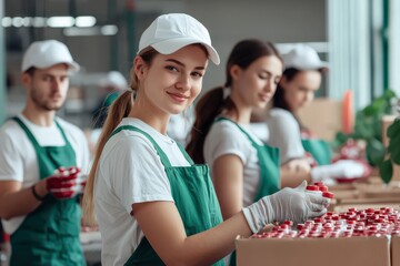 Fototapeta premium Workers in a factory demonstrating teamwork, assembling products on an industrial line.