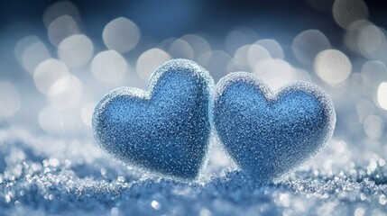 Two sparkling blue hearts in winter snow