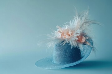 A stunning blue hat adorned with feathers and flowers