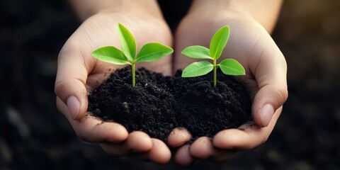 Hands holding soil with two young green plants symbolizing growth and sustainability