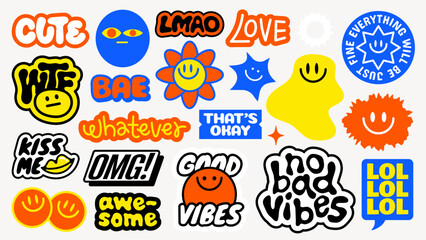 Colorful stickers with smiley faces, hearts, and positive words Bright smiley faces and hearts in purple, green, and yellow Good vibes and smiley designs Funky stickers, vector set