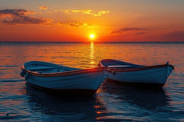 Fototapeta premium Two small boats at sunset on calm ocean water