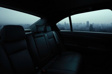 Dark interior of car reveals hazy city skyline through window