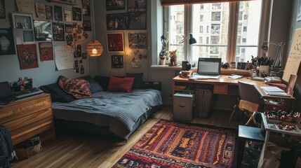 Cozy Bedroom with Artwork and Workspace in Natural Light