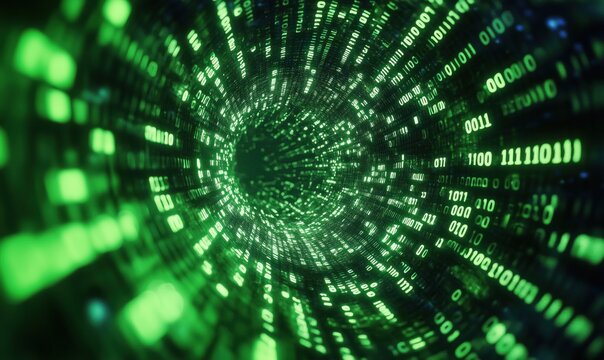 Digital tunnel of green binary code representing data flow and technology concepts