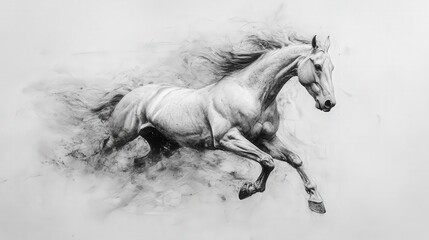 A dynamic black-and-white sketch captures a galloping horse, head angled left, legs extended in swift motion, evoking movement's power and grace