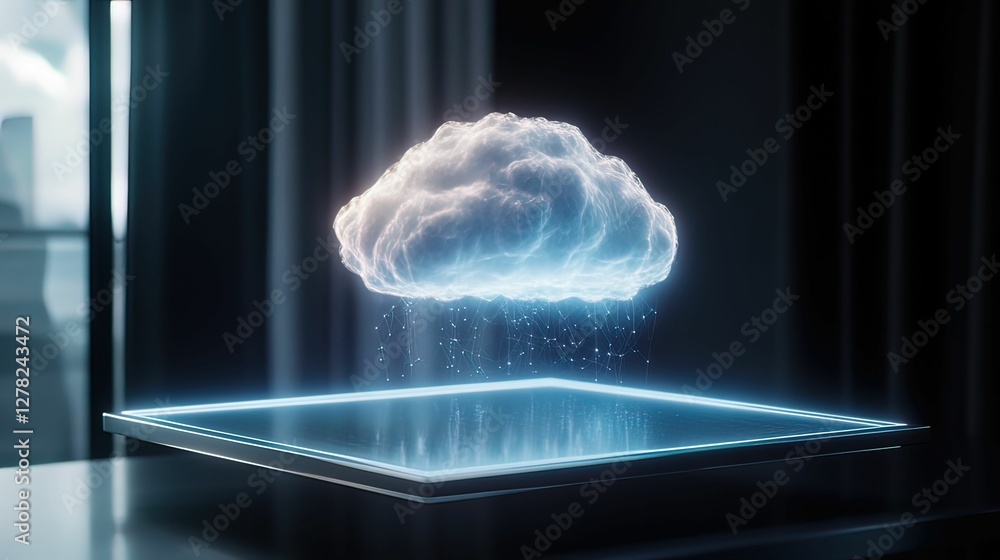 Poster interactive holograms showcasing compressed cloud-based files virtual space digital futuristic viewp