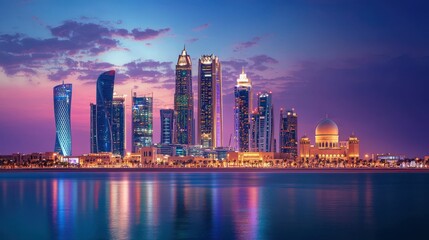 Stunning City Skyline at Dusk with Colorful Twilight Reflections