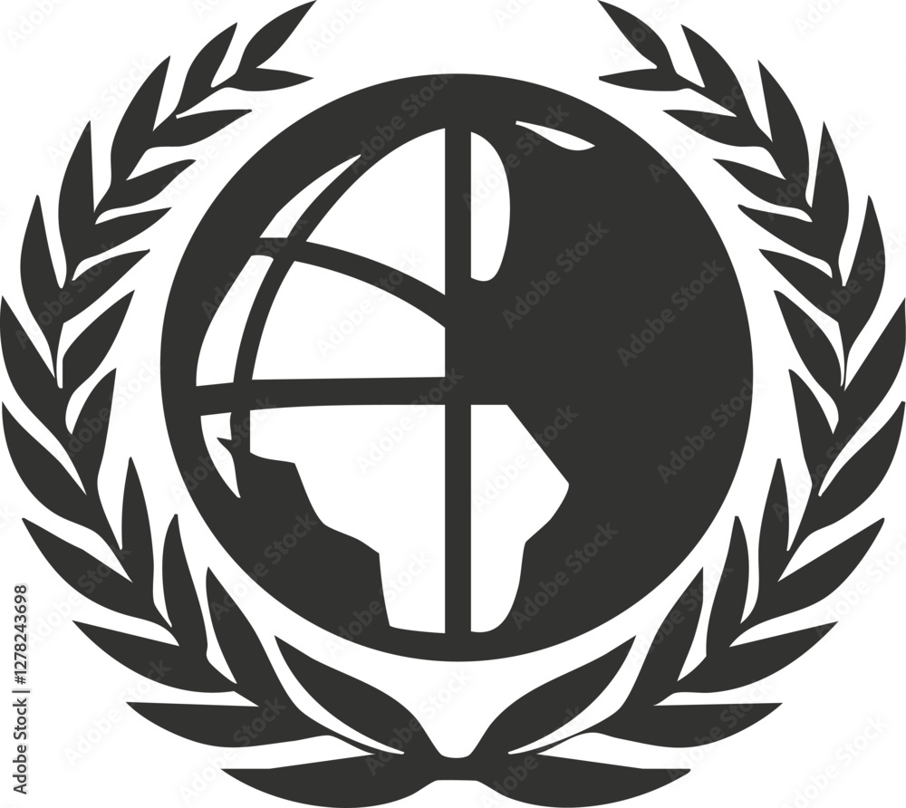 Poster black and white globe emblem with laurel wreath symbolizing global unity.