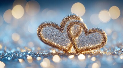 Naklejka premium Two Intertwined Gold Hearts with Sparkling Glitter Background