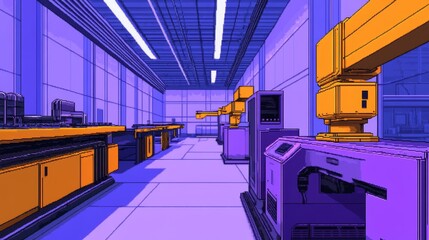 Fototapeta premium Futuristic industrial workspace featuring robotic arms and vibrant colored machinery in action