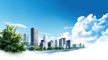 Fototapeta premium A vibrant city skyline under a clear blue sky, featuring modern skyscrapers and lush green trees, evoking a sense of urban beauty and tranquility.