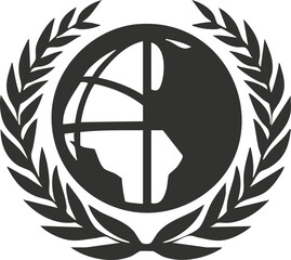 Black and white globe emblem with laurel wreath symbolizing global unity.