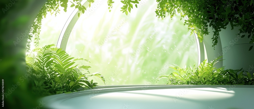 Aufkleber a serene pathway illuminated by soft light, surrounded by lush greenery and arching foliage, creatin