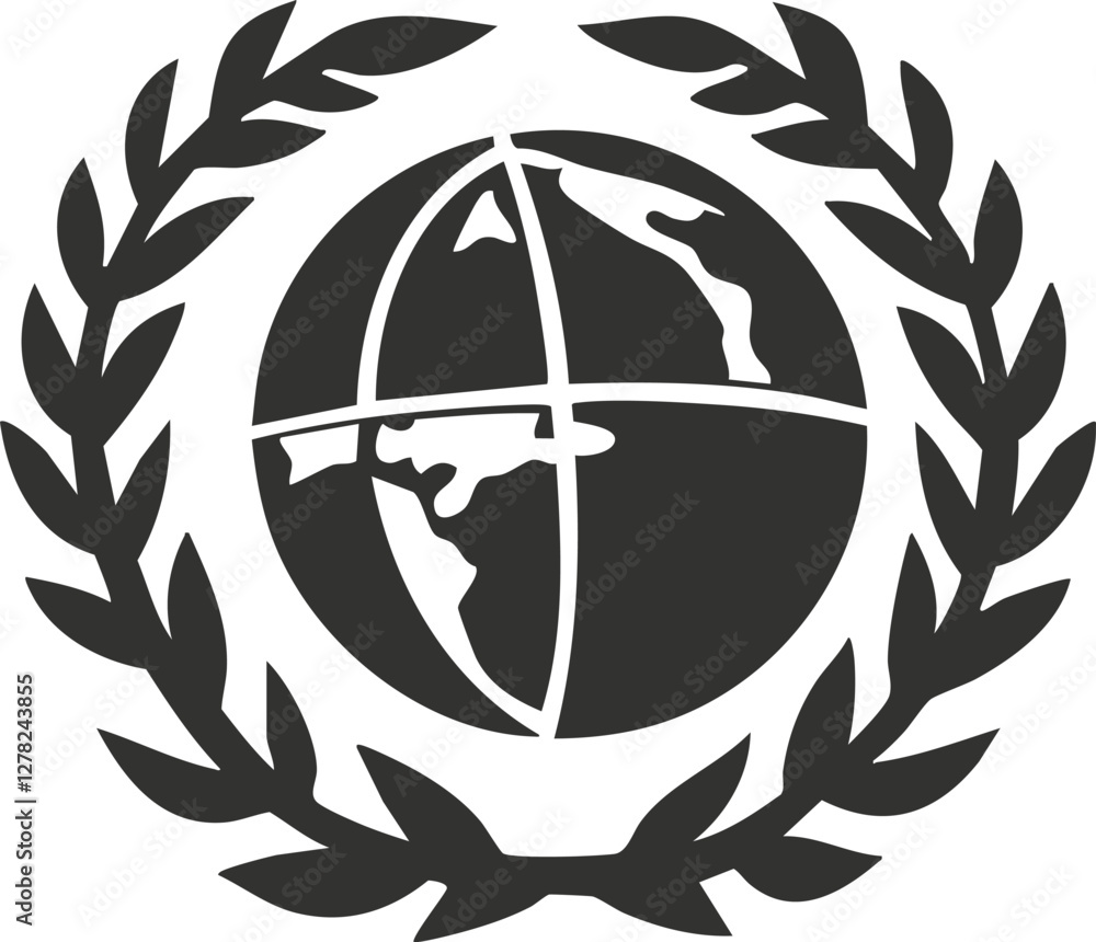 Poster black globe icon with laurel wreath symbolizing global unity and peace.