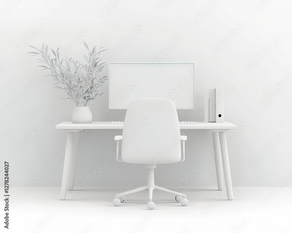 Poster minimalist desk setup with monitor and keyboard home office digital workspace contemporary front vie